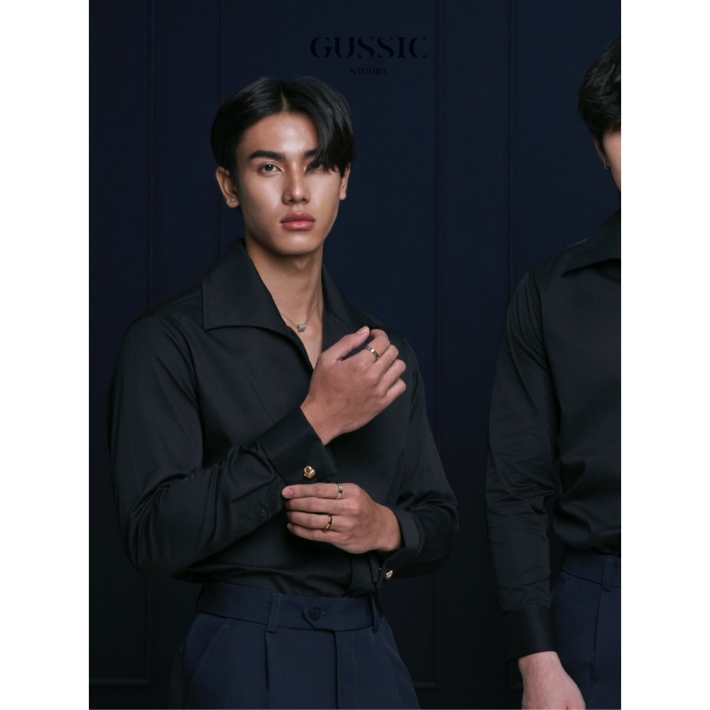 GUSSIC- Cufflinks Shirt เสื้อเชิ้ตปลายแขนคัฟฟ์ลิงค์ ทรงปกปีกนก สลิม งานหรู Man Clothing ผู้ชาย - รูปที่ 2