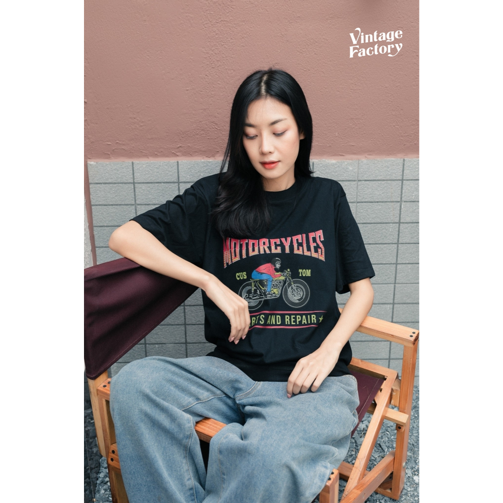 Vintage Factory (พร้อมส่ง) เสื้อยืด MOTORCYCLES CUSTOM - สกรีนสีจมติดแน่นทนนาน ผ้าคอตตอนแท้