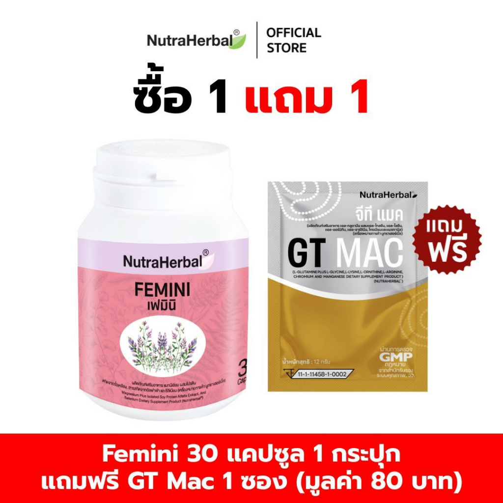 Femini (เสริมอาหาร แมกนีเซียม ผสมโปรตีนสกัดจากถั่วเหลือง,สารสกัดจากอัลฟาฟ่า และซีลีเนียม) แถมฟรี GT mac  1 ซอง