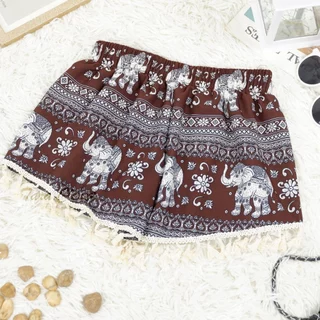 COM027 TARA Pants กางเกงช้าง ขาสั้น แต่งพู่กระดิ่งที่ปลายขา เอวยางยืด ผ้าไหมอิตาลี ไม่ขาดง่าย ใส่สบาย ลายช้างไม่กลับหัว