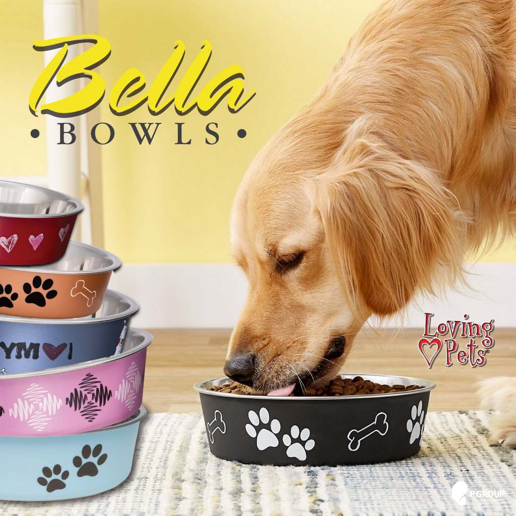 ชามอาหารสเตนเลส ชามอาอารสัตว์ ชามข้าวสุนัขLoving Pets รุ่นBella Bowls ลายอุ้งเท้า ลายกระดูก ลายน่ารัก