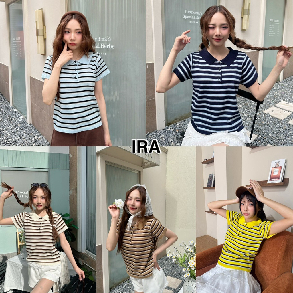 BY IRA พร้อมส่ง Amada Crop top เสื้อคอปกแขนสั้น ลายริ้ว มีกระดุม ผ้าหนาไม่บาง ใส่สบาย งานดี สไตล์เกาหลี