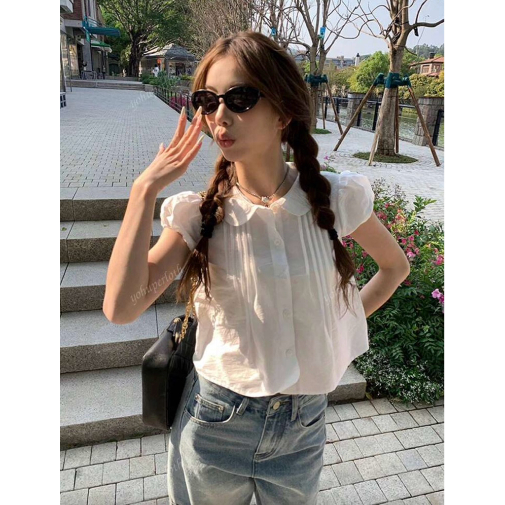 เสื้อเชิ้ตแขนสั้น ตุ๊กตา คอปก มินิมอล สไตล์โรแมนติกฝรั่งเศส ฟิต น่ารัก