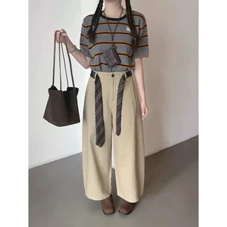 Reallyshops #5827(K) กางเกงขายาวทรงกระบอก+แต่งเข็มขัดเนคไท เอวยางยืด ผู้หญิง พร้อมส่ง