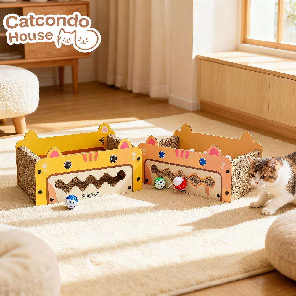 Cathouse กล่องลับเล็บปากใหญ่ ที่ลับเล็บแมวทรงกล่องนอน ลายการ์ตูนน่ารัก มีของเล่นในตัว