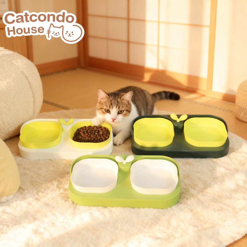Cathouse ชามคู่กิ่งไม้ ชามสัตว์เลี้ยง ชามอาหารคู่ทรงต้นกล้า ถอดล้างได้ น้ำหนักเบา สีสันน่ารัก