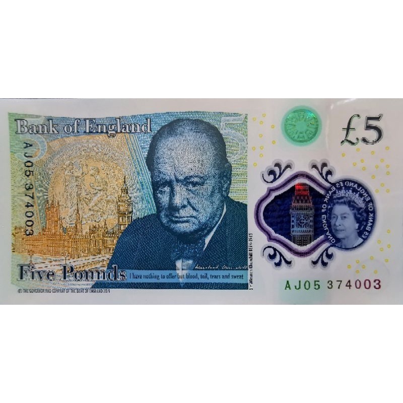 รุ่น Polymer ไว้สะสม​ อังกฤษ​ England, 5 Pound, ใช้แล้ว, B972