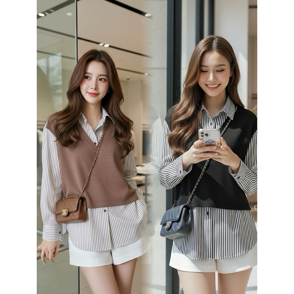 Cotton Candy 🍭 เสื้อกั๊กเชิ้ตริ้วแขนยาว ดำ/น้ำตาล