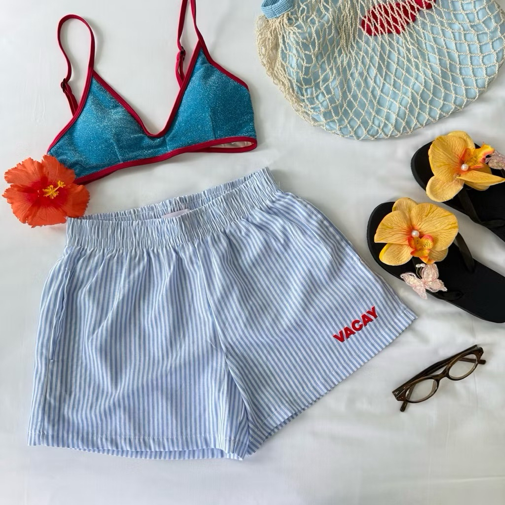 Lazysunday_co กางเกงขาสั้นลายริ้ว ผ้าคอตตอน ส่งต่อ