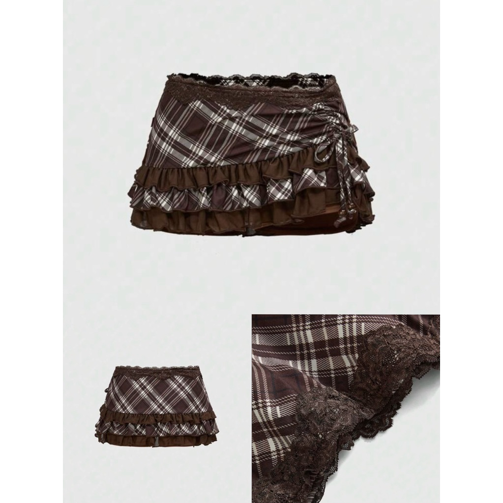 กระโปรงสั้นเอวต่ำ สไตล์y2k ลายตาราง รูดข้าง ปะแต่งผ้าลูกไม้ กระโปรงมินิ ไม่สมมาตร