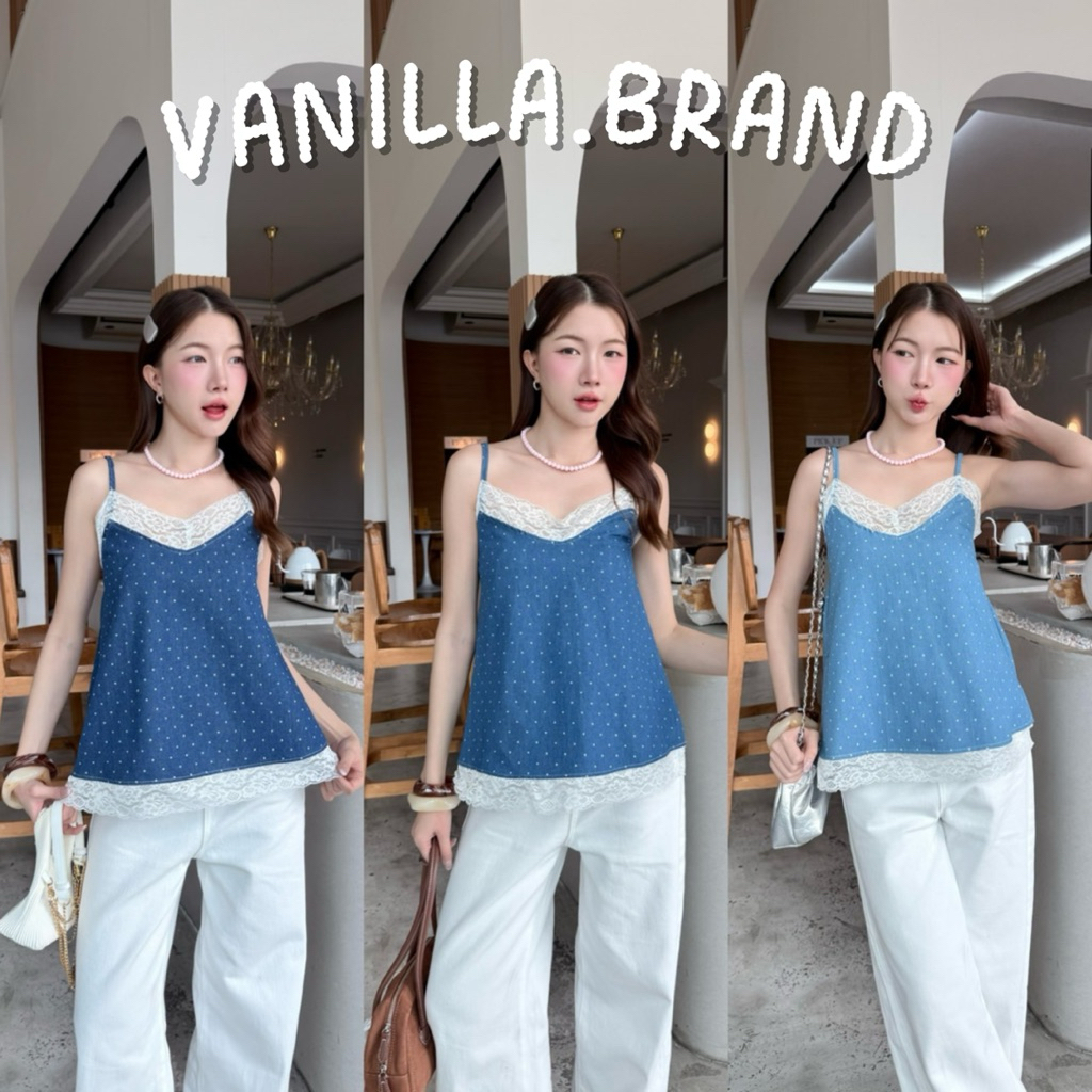 เสื้อสายเดี่ยวผ้ายีนส์ แต่งลูกไม้ สายปรับได้ -kn / VB0171