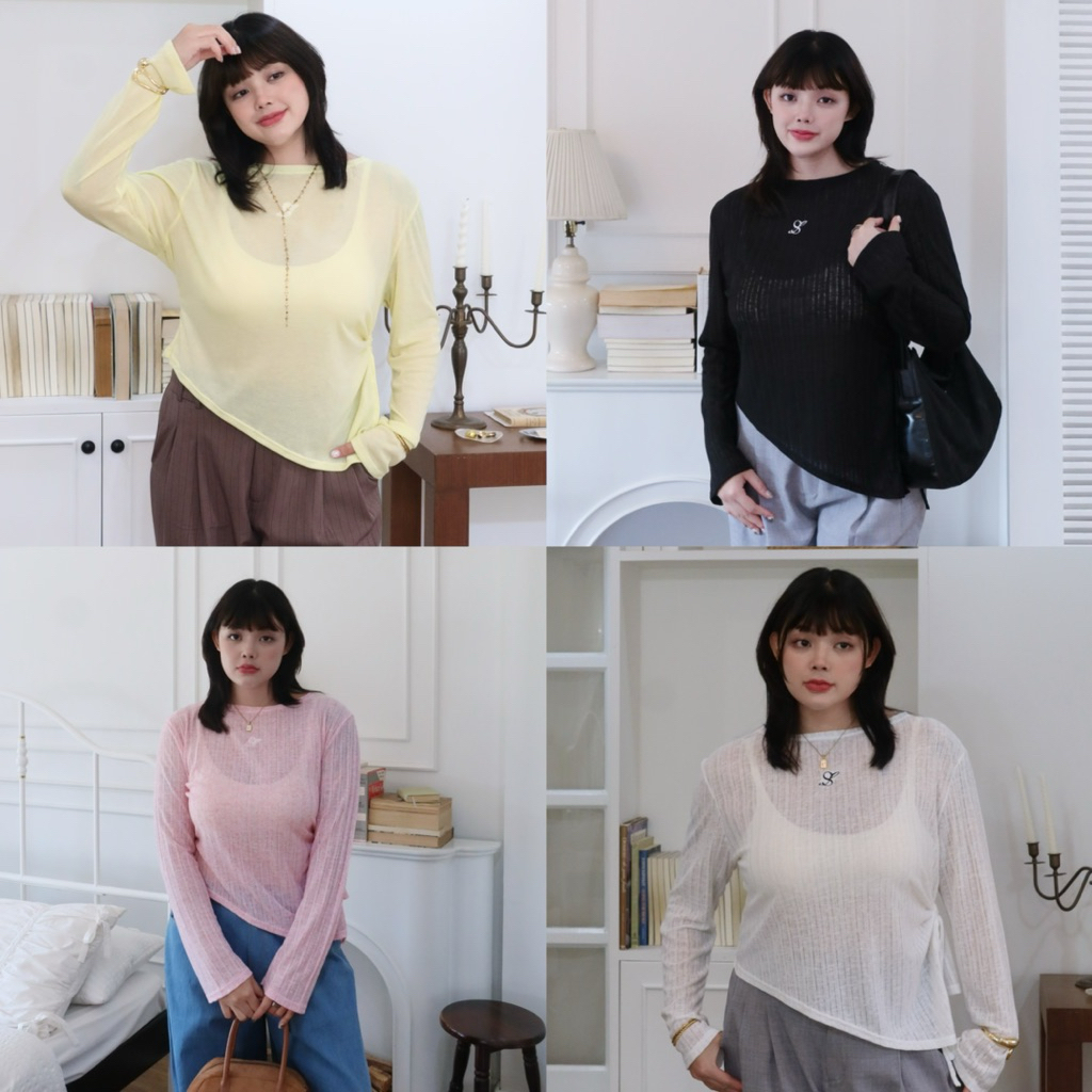 SS Daily Top เสื้อแขนยาวผ้ายืด (ซีทรูนิดๆ) ใส่สบาย ชายปาด พรางหุ่นสุดๆ ปักโลโก้ ไซซ์สาวอวบ