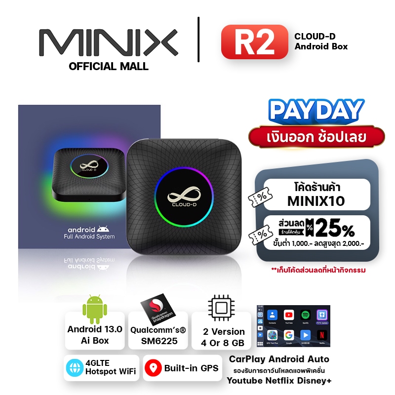 [ศูนย์ไทย] CLOUD-D Ai Box R2 LED (Ambient) 4GB/64GB หรือ 8GB/128GB กล่องแอนดรอย APPLE Carplay และ An