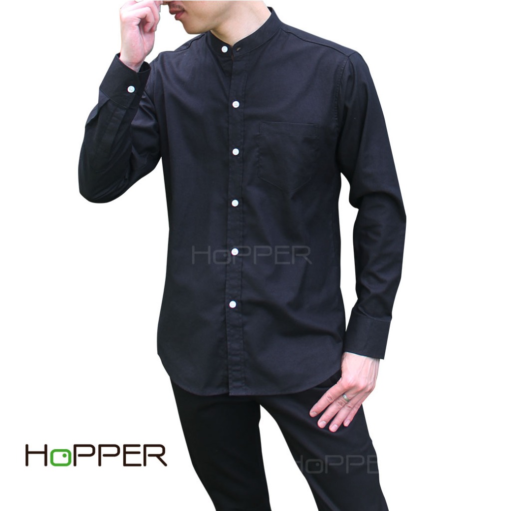เสื้อเชิ้ตแขนยาวคอจีนผ้า Oxford by Hopper Shop สีดำ สีขาว สีกรม