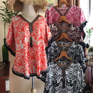 เสื้อสตรีลายช้าง สไตล์โมฮีเมียน เสื้อสาวอวบ เสื้องานขาว-ดำ ผ้าสปัน ใส่สบาย