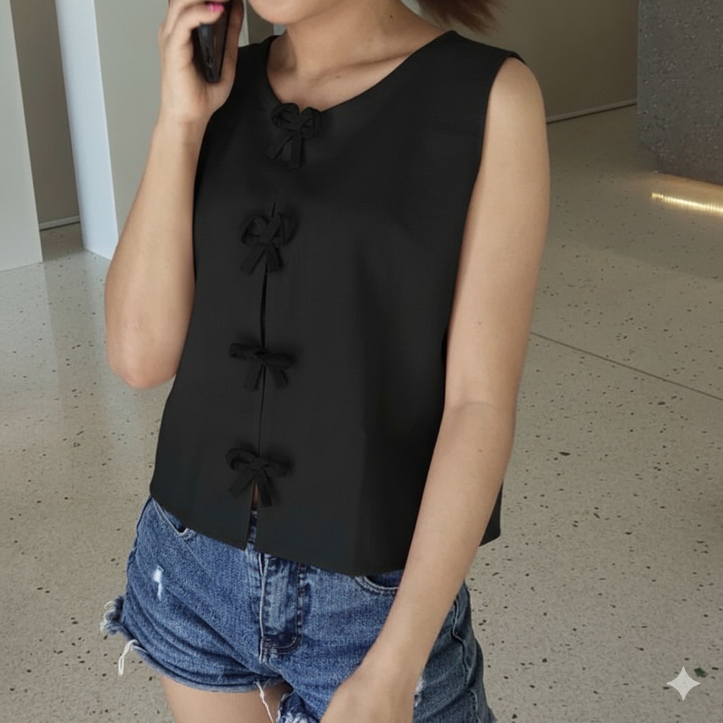 เสื้อแขนกุด แต่งโบว์ เสื้อผ้าฝ้าย – โปรปัง