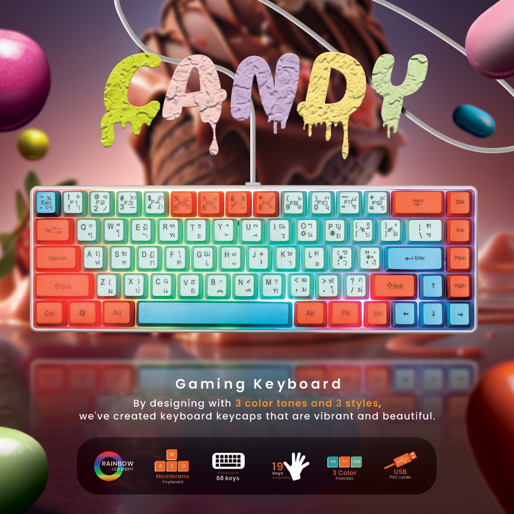 [เก็บโค้ดลดเพิ่ม] Neolution E-Sport Gaming Keyboard รุ่น Candy คีย์บอร์ดเกมมิ่ง คีย์บอร์ดเล่นเกมส์ เสียงเงียบ สีสวย