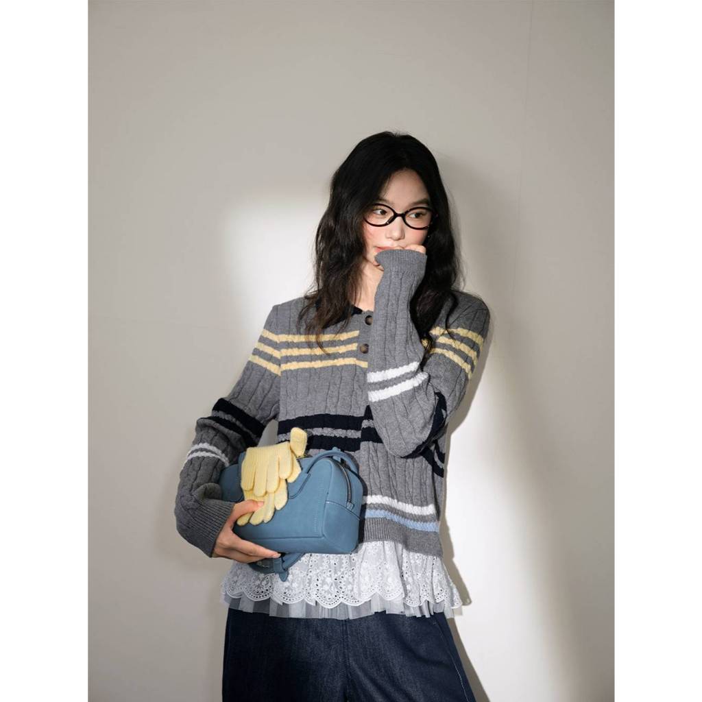 [Preorder] KUOSE : Striped Cable Knit Sweater