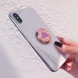 แหวนโลหะรูปหัวใจกลมกลิตเตอร์พร้อมหัวเข็มขัดสำหรับยึดเคสโทรศัพท์