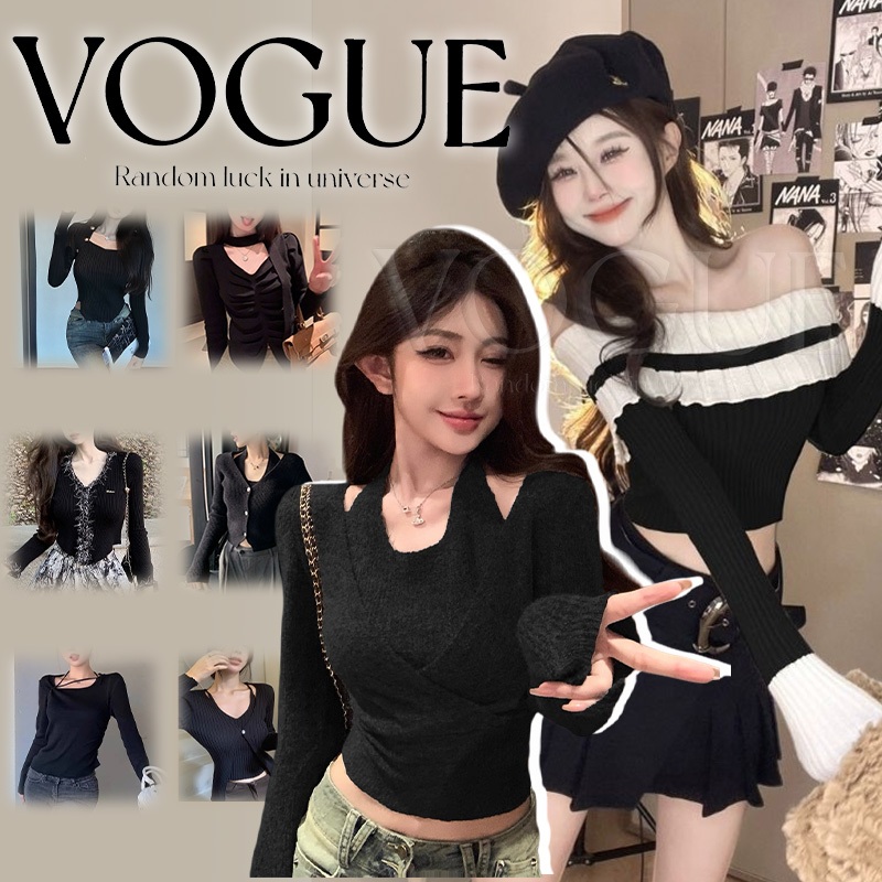 Vogue🌟พร้อมส่ง🌟 สีดำ เสื้อไหมพรมแขนยาว ดีเทลกล้ามข้างในเย็บติดกัน เข้ารูป เสื้อผ้าแฟชั่นผู้หญิง เปิดไหล่