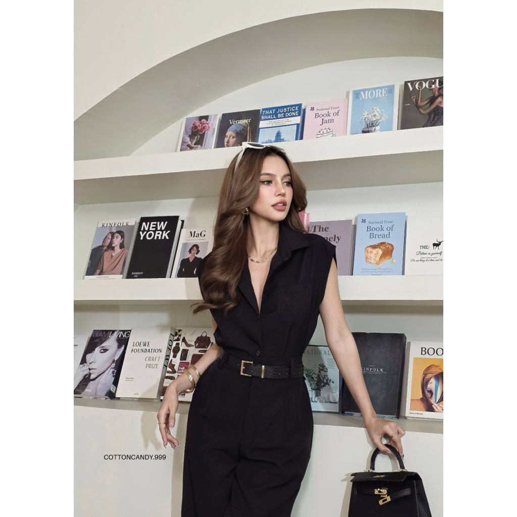 Cotton candy ชุดเซต3ชิ้น เสื้อ+กางเกงขายาวทรงกระบอกตรง+เข็มขัด เรียบหรู ชุดเดียวจบ ใส่ได้ทุกโอกาส(พร