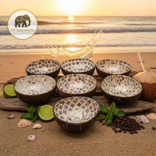 กะลาหอยมุกขาว ลายช้าง Coconut Bowl ชามกะลามะพร้าว เพ้นท์สี ฝังเปลือกหอย เปลือกไข่