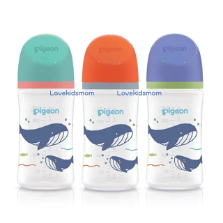 Pigeon พีเจ้น ขวดนมคอกว้าง สีขาวขุ่น PPWN ลาย Blue whale Pack 3 BIO รุ่นใหม่ล่าสุด