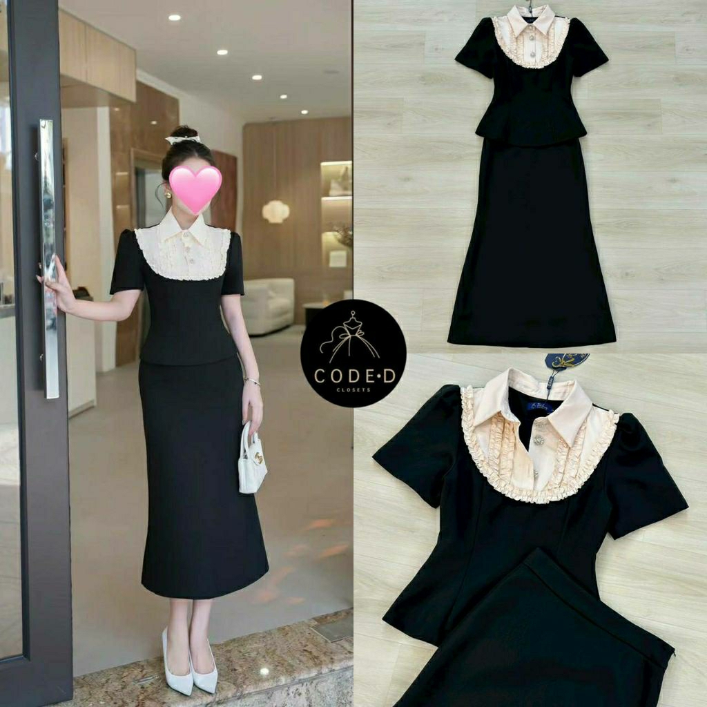 (S-XL)   Ticha 📣พร้อมส่งเซ็ทเสื้อแขนสั้นคอปกครีมตัดดำแต่งระบายกระดุมเพชร+กระโปรงยาวทรงสอบมีซับใน