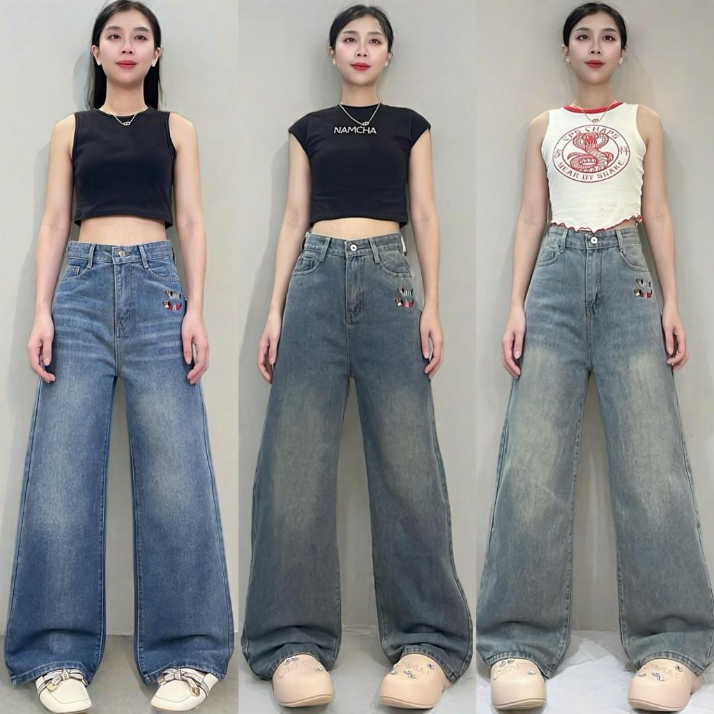 NAMCHA กางเกงยีนส์ กางเกงยีนส์กระบอกใหญ่  ปักน้องหมา #-2628