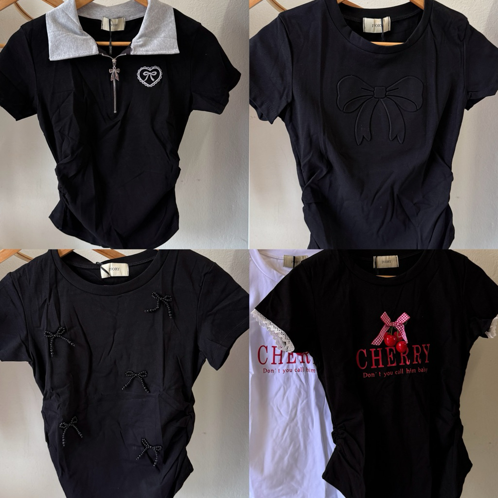 VV200 -VV201- VV202 -VV203 -VV221 -VV228 ป้ายIVORY รวม เสื้อสีดำ เสื้อยืดผ้ายูนิโคล่ แขนสั้นหยุมข้าง