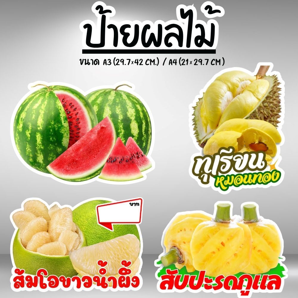 ป้ายผลไม้ ป้ายฟิวเจอร์บอร์ด/เคลือบแข็ง ตัดตามรูปทรง ขนาด A4/A3