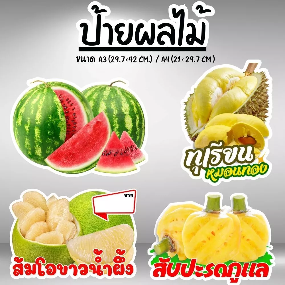 ป้ายผลไม้ ป้ายฟิวเจอร์บอร์ด/เคลือบแข็ง ตัดตามรูปทรง ขนาด A4/A3