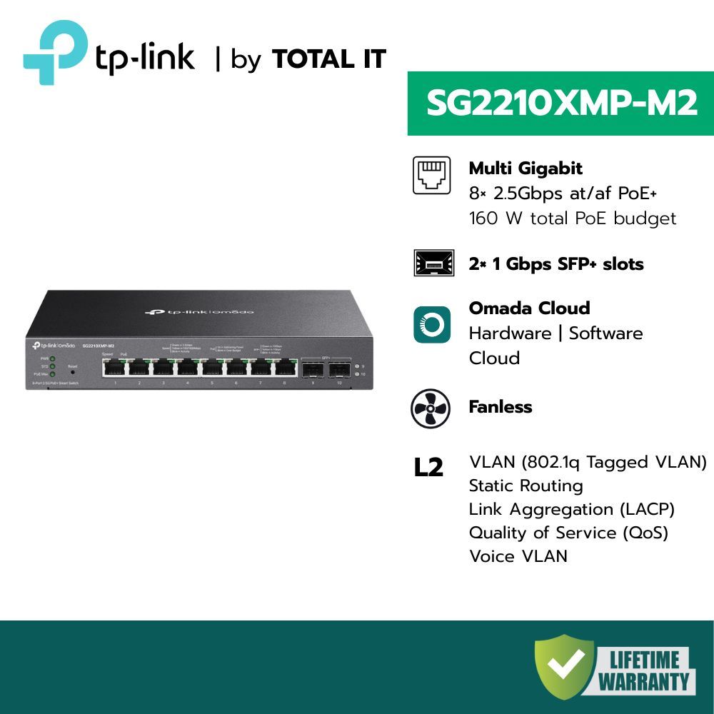 TP-Link SG2210XMP-M2 | สวิตช์ 2.5G 8-Port PoE+ 160W + 10G Uplink | Fanless ไร้พัดลม ประกันศูนย์