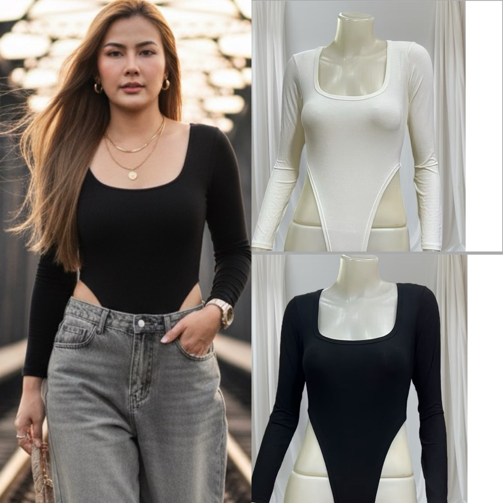 Sns400🩱บอดี้สูท🩱สุดเซ็กซี่🩱คอยูแขนยาว🩱ผ้าเรย่อน