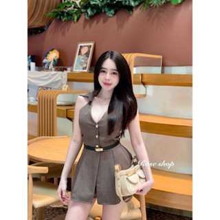 Phapassz - เซต3ชิ้น เสื้อคล้องคอปกแต่งกระดุม ขาสั้น แถมเข็มข…