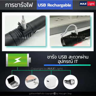 MaxLight ไฟฉายT6 สว่างมาก (พร้อมซองเกรดA) Zoomส่องไกลได้ รุ่น 518 ไฟ 3 Mode ชาร์จUSB ได้ อุปกรณ์ครบชุด