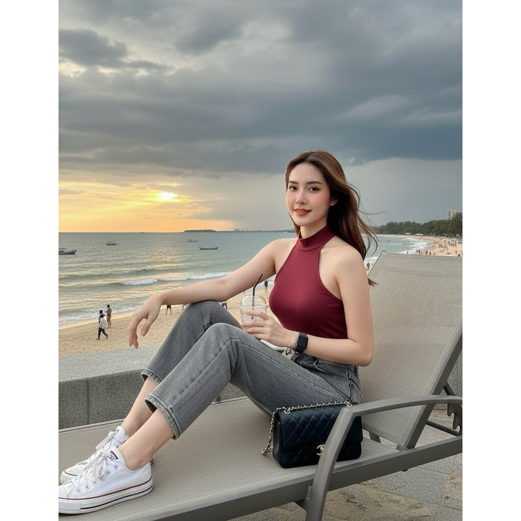 MML119🌹เสื้อครอป🌹คอเต่า🌹โชว์หลัง🌹ผ้าเรย่อน