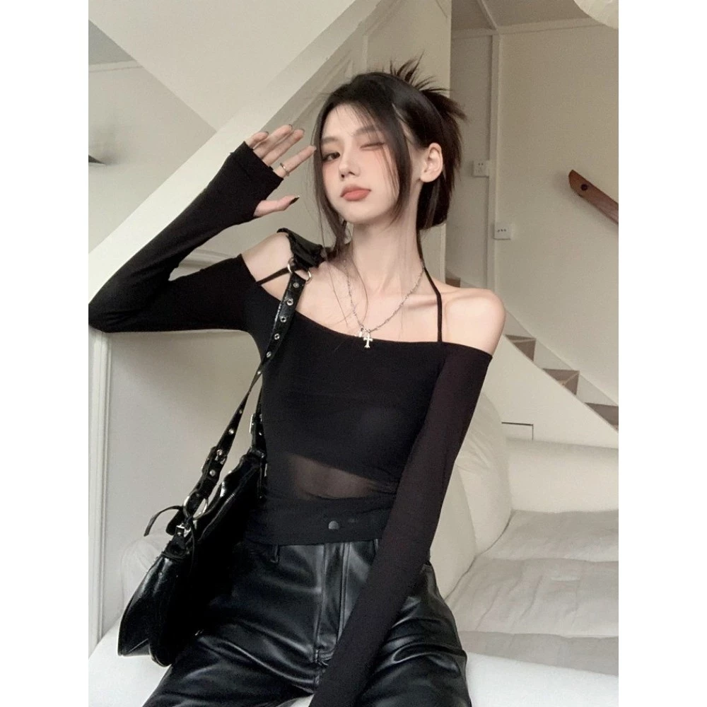 เสื้อแฟชั่น black ปาดไหล่ แขนยาว เซ็กซี่ ทํางาน รัดรูป เกาหลี ดำ สั้น เสื้อนมโต เสื้อครอป