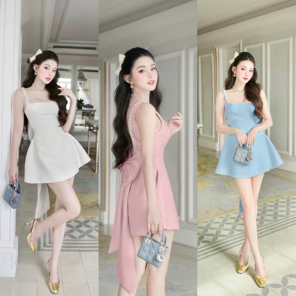 มินิเดรแขนกุดอกเหลี่ยมคอกว้างขอบชุดแต่งอะไหล่มุกเพชร  ตัวเดรสทรงเข้ารูปสวย