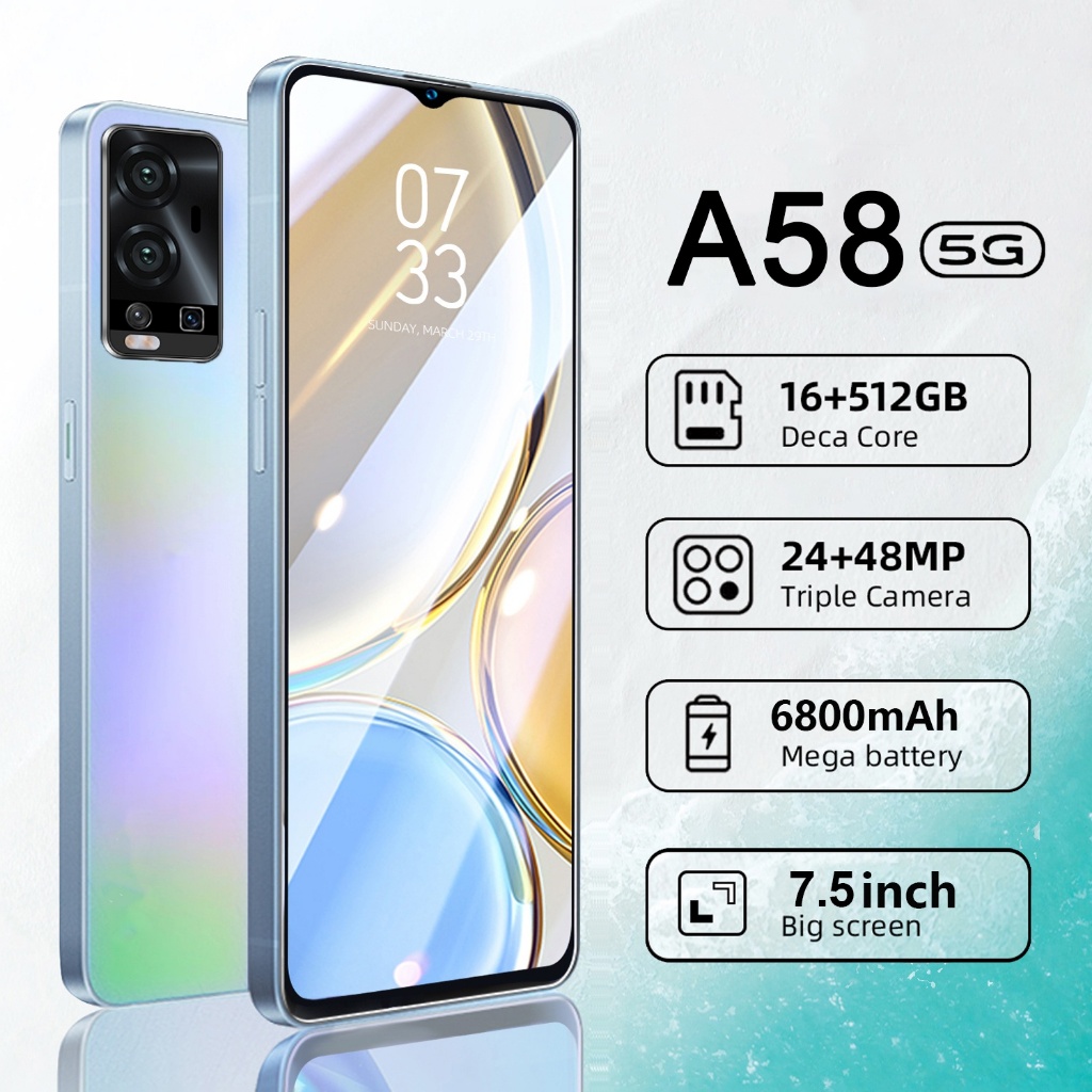 Smartphone A58 16GB RAM+512GB ROM 7.5inch full screen support 2 SIM card android 13.0 support bank A