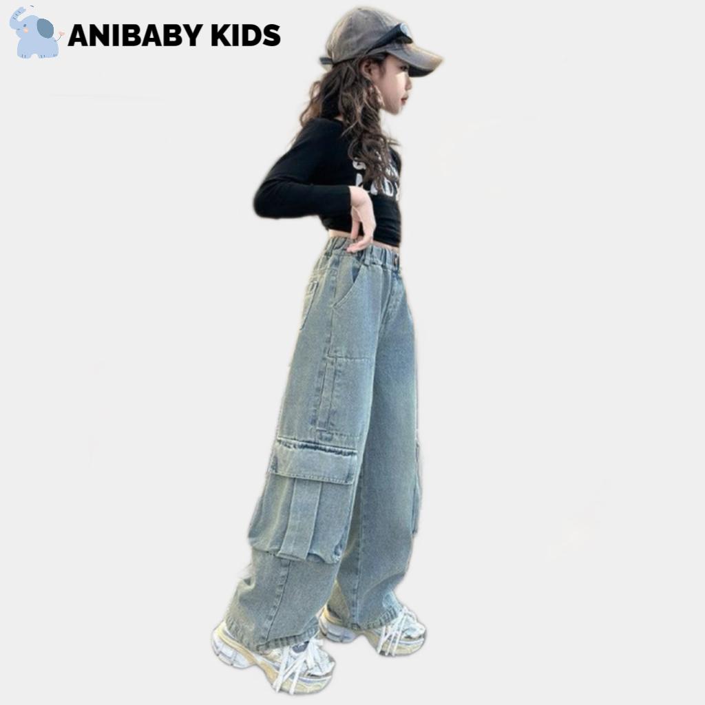 ANIBABY KIDS เด็กผู้หญิง กางเกงยีนส์ เด็กใหม่ อเมริกันวินเทจ กางเกงฤดูร้อนสบาย ๆ - รูปที่ 5