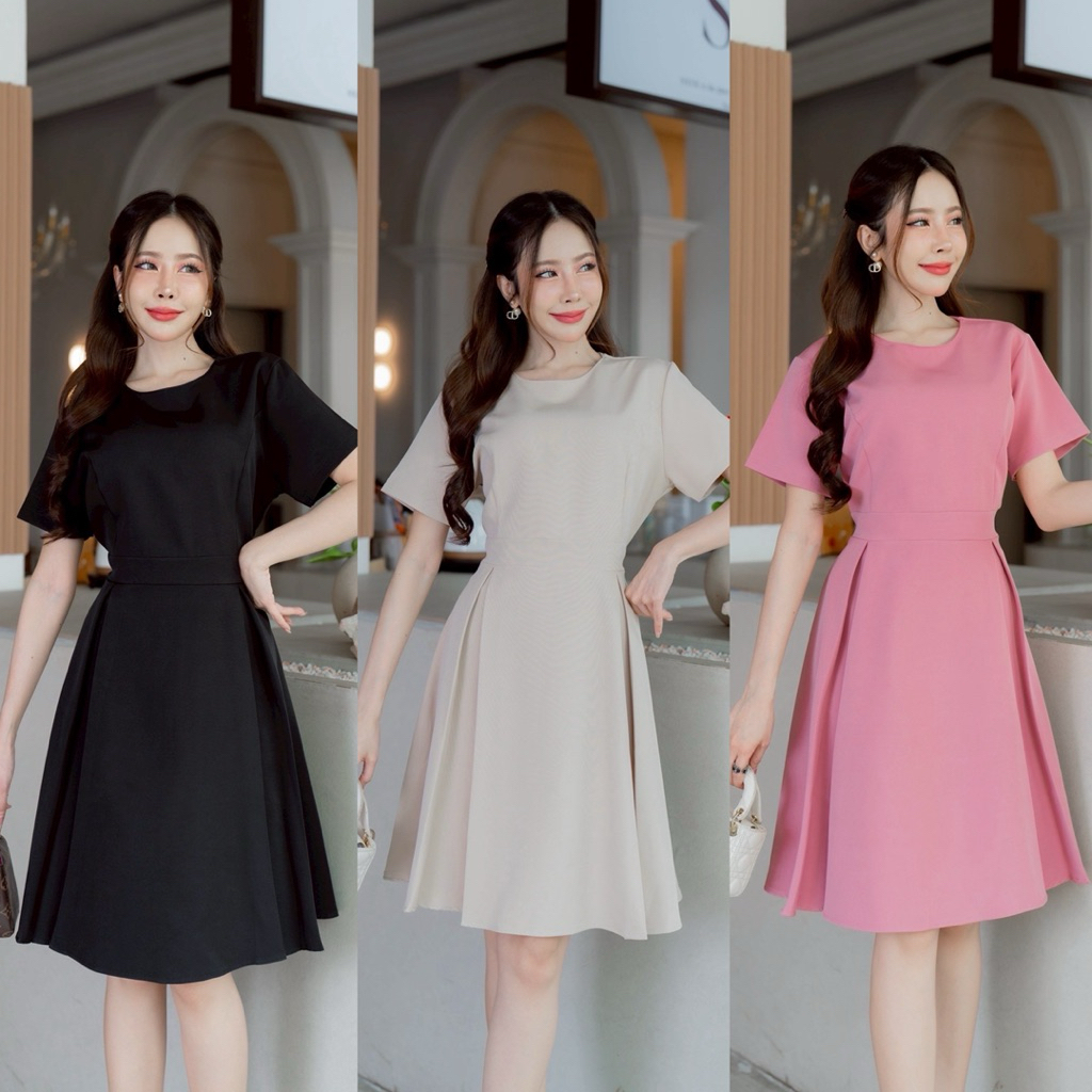 เดรสแขนสั้นคอกลมจีบกระโปรง