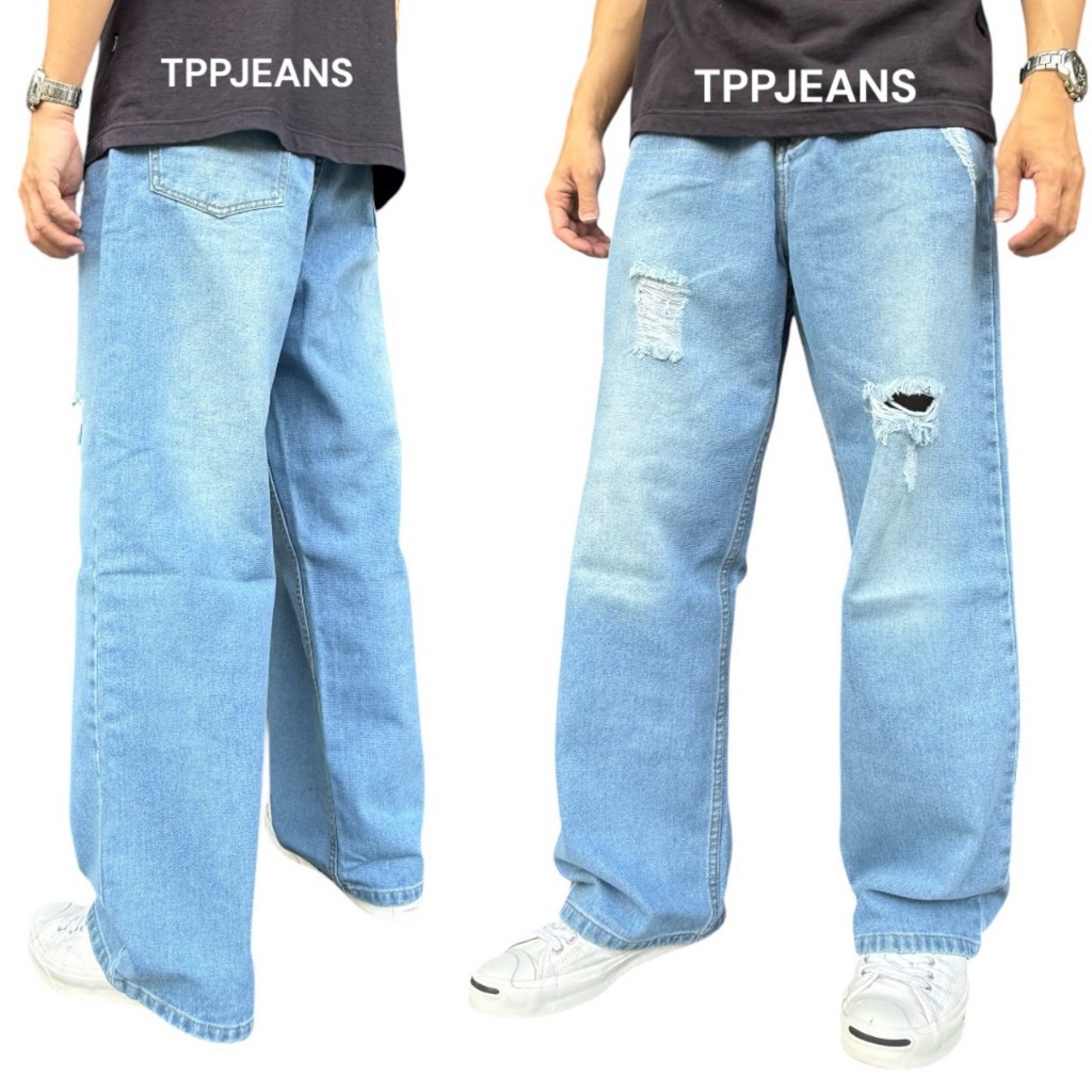 JEANSEXPRESS Baggy LB กางเกงยีนส์ชายทรงBaggyขาใหญ่ สีบลูยีนส์ฟอกแต่งขาดเซอร์ ทรงสวย ใส่สบาย ซิป Size 28-36รับชำระปลายทาง