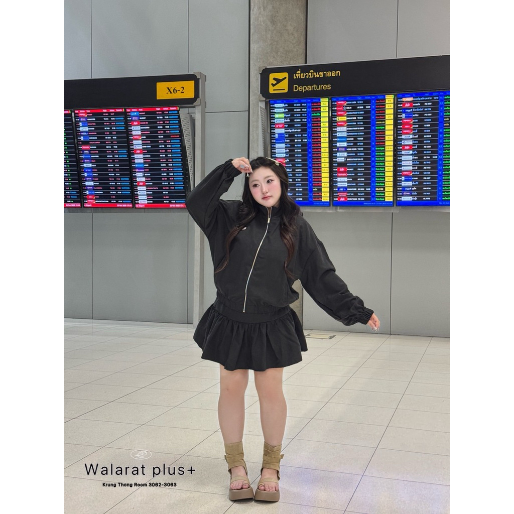 WP ชุดเซ็ต เสื้อแจ็คเก็ตแขนยาวซิปหน้า+กระโปรงระบาย ผ้าหนังกลับ ไซส์ใหญ่ - รูปที่ 3