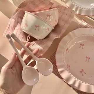 【Direct shipping】Plate Ceramic Tableware Rosy Bow Sweet And Gentle Collection Cute Bow Pattern