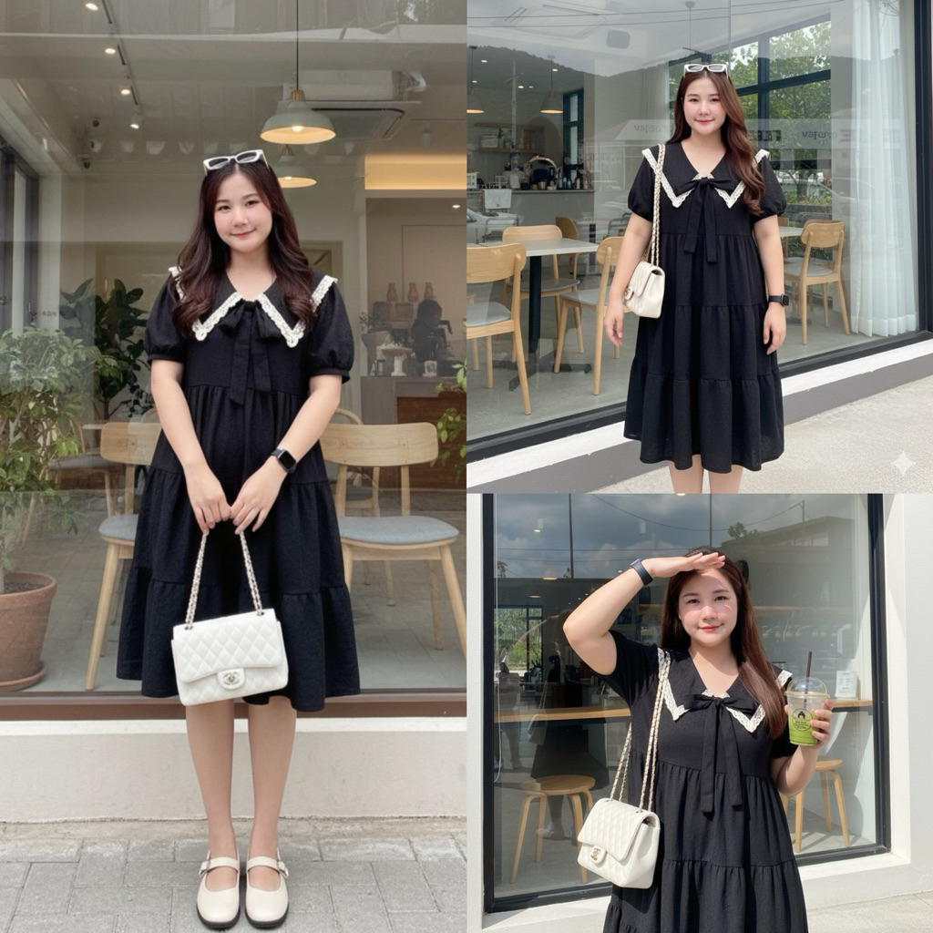 พร้อมส่ง🖤 เดรสสีดำคอปกแต่งขอบลูกไม้ ดีเทลผูกโบว์กลางอก งานผ้าคอตตอนสลาฟ งานใส่สบายมากค่ะ 🖤