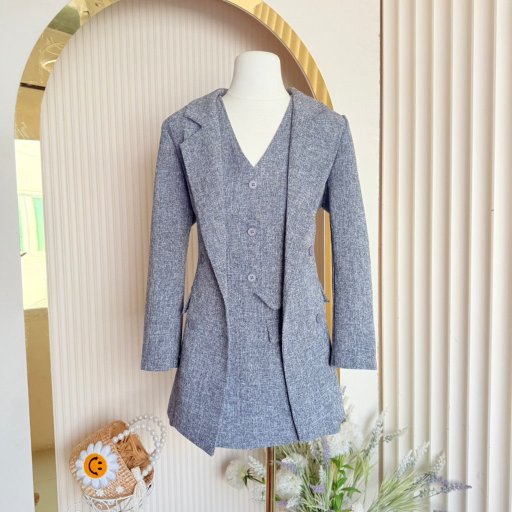 [NITTAYA] D2811 ชุดเซต3ชิ้น เสื้อคลุมสูทแขนยาวเสื้อกั๊กคอวีกระดุมหน้า+กระโปรงแต่งกระเป๋ามีซับใน เรียบหรู ใส่ออกงาน ทำงาน