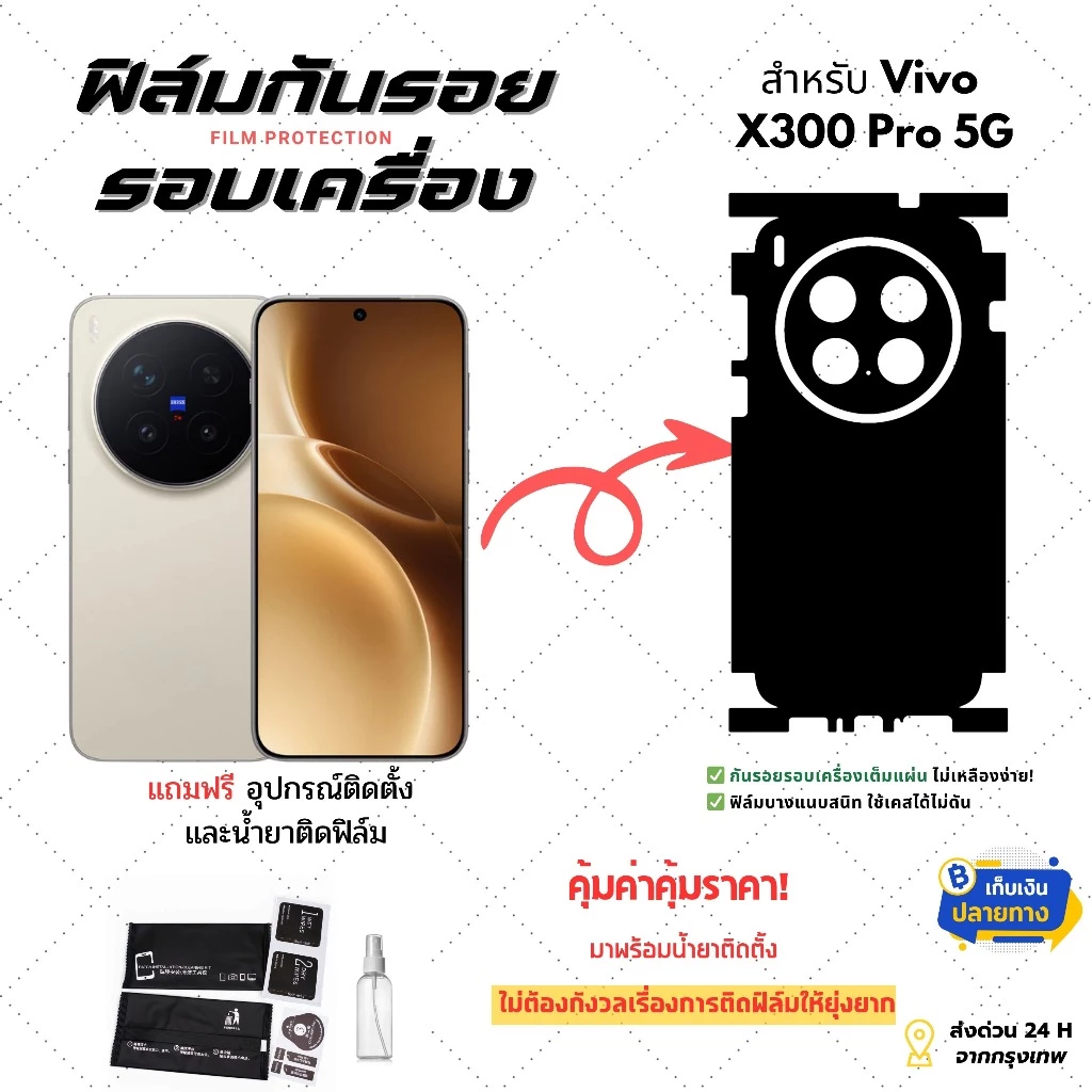 ฟิล์มกันรอยด้านหลังและขอบข้าง Vivo X300 Pro 5G| ฟิล์มบางเฉียบ ไม่อมความร้อน ติดแน่น ไม่ดีดขอบ