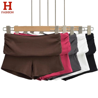 Hot fashion thai~พร้อมส่ง'กางเกงขาสั้นผู้หญิง สีทึบเอวต่ำเอว Flipping หัวกระเป๋าสะโพกลำลองกางเกงขาสั้น-FY2833