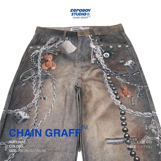 ZEROBOY STUDIO — CHAIN GRAFF™ กางเกงเดนิมสไตล์สตรีทผสานลวดลายโซ่